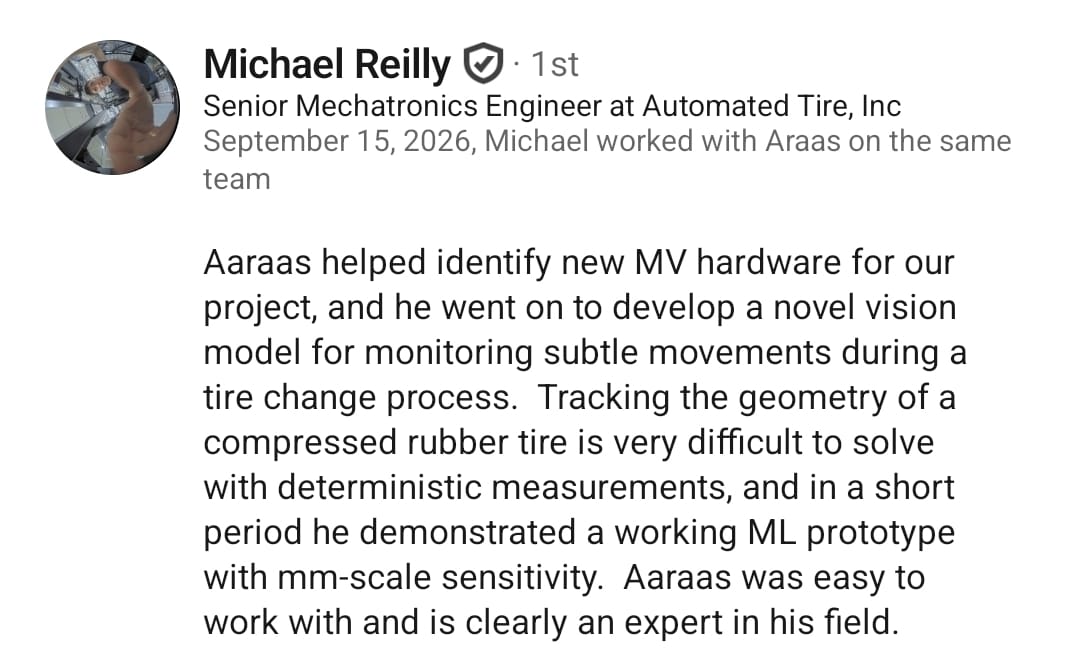 LinkedIn recommendation from Michael Reilly, Senior Mechatronics Engineer at Automated Tire